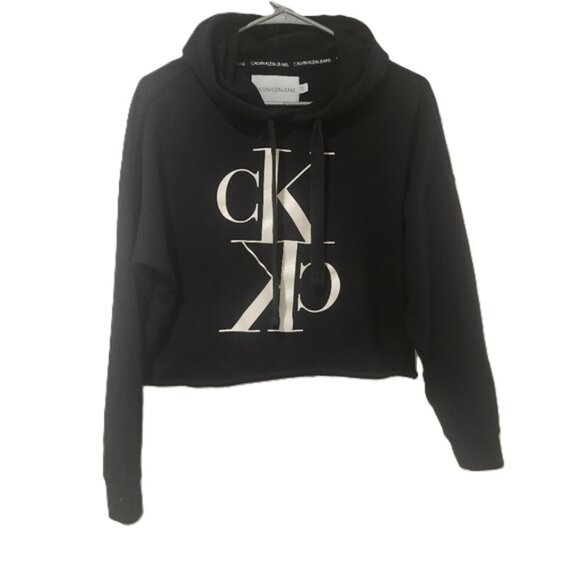 Calvin Klein Jeans Cropped Hoodie Black with Large CK Logo – Size S - Picture 1 of 8